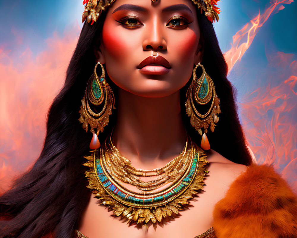 Woman adorned in intricate tribal jewelry and headdress against fiery tones and blue backdrop