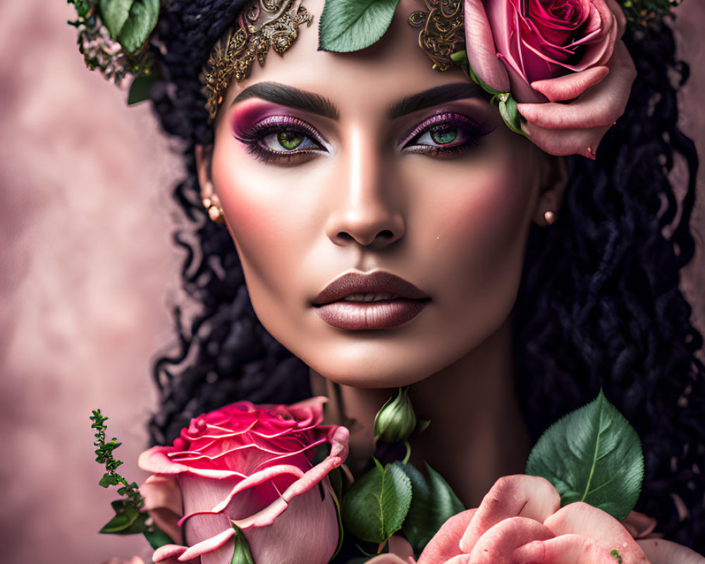 Woman with Floral Headdress and Purple Makeup Holding Rose on Pink Background