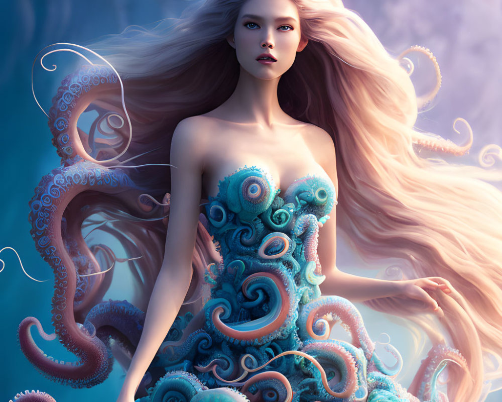 Fantastical woman with flowing hair and tentacle-adorned gown on mystical blue backdrop