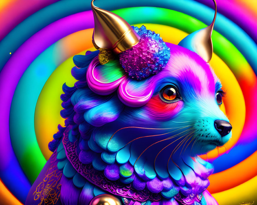 Colorful Animal with Rainbow Fur and Metallic Horns on Psychedelic Background