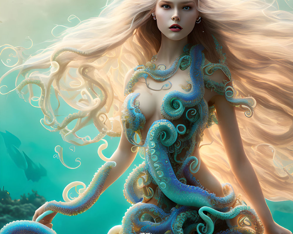 Fantastical image: Woman with flowing hair and tentacle dress on teal backdrop