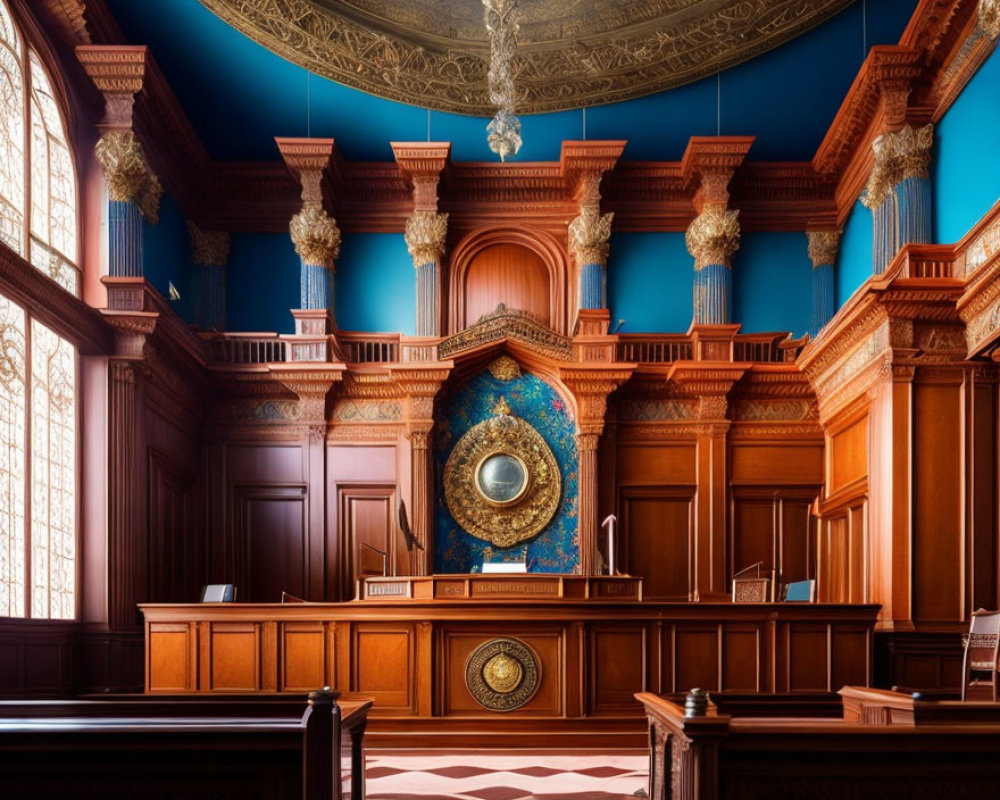 Grand courtroom interior with rich wooden paneling and ornate columns