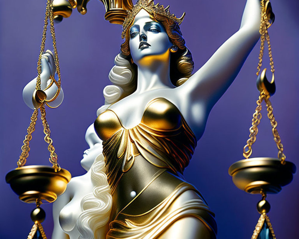 Allegorical figure Lady Justice with scales and sword on purple backdrop