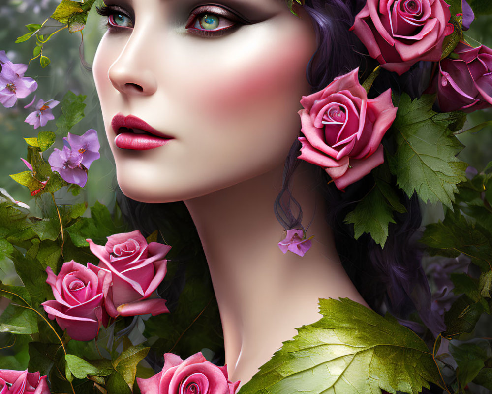 Digital Artwork: Woman's Face with Pink Roses and Green Leaves