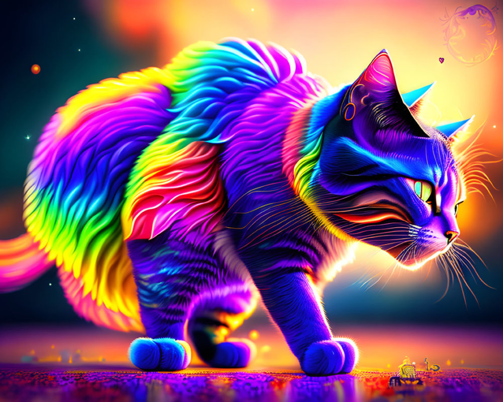 Colorful Neon Cat Walking Under Surreal Luminescent Skies