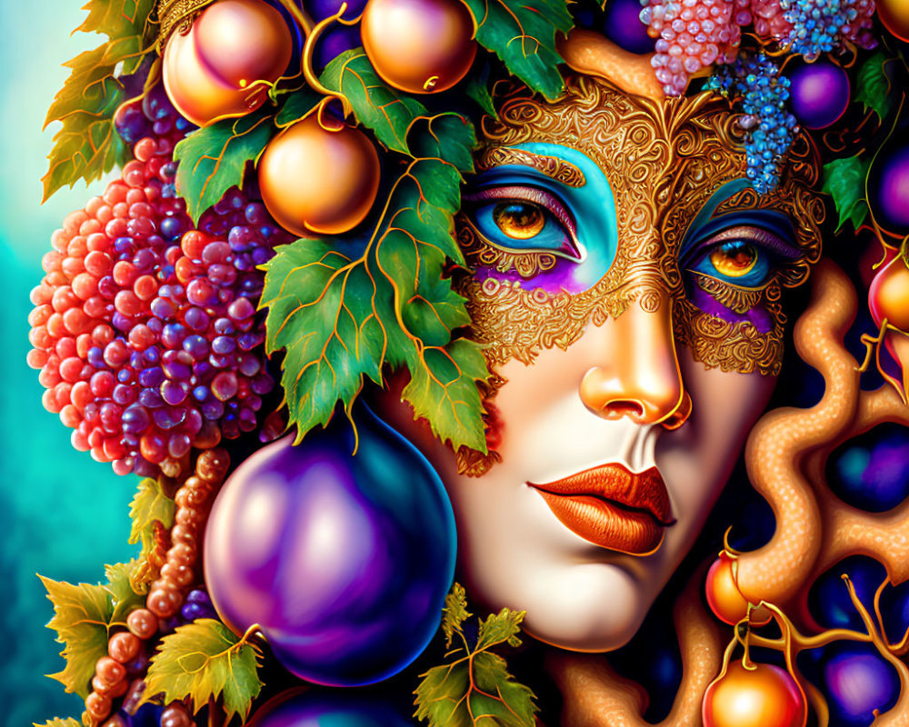 Colorful portrait of person with grapevine headdress and ornate mask showcasing fusion of human beauty with