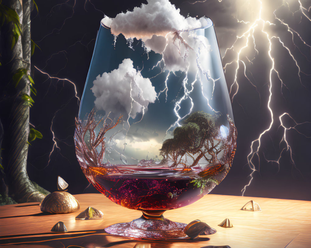 Surreal image of stormy scene in glass with tree and wine