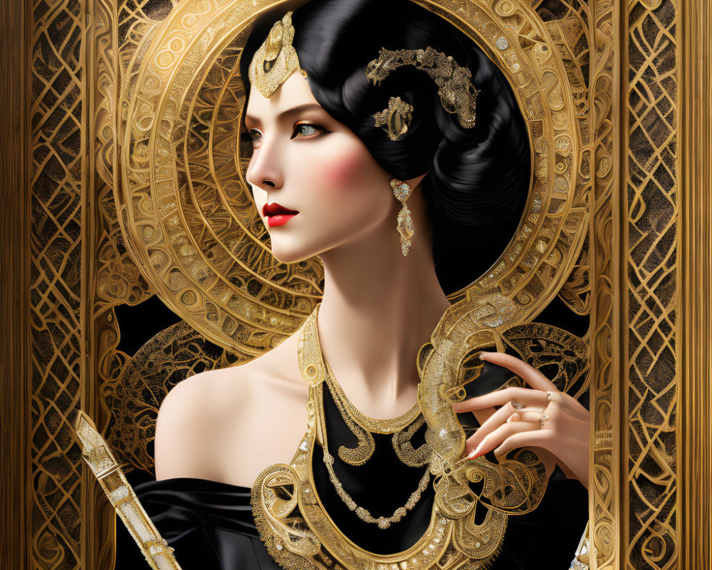 Portrait of Woman with Elaborate Golden Jewelry and Headdress on Gold Art Nouveau Background