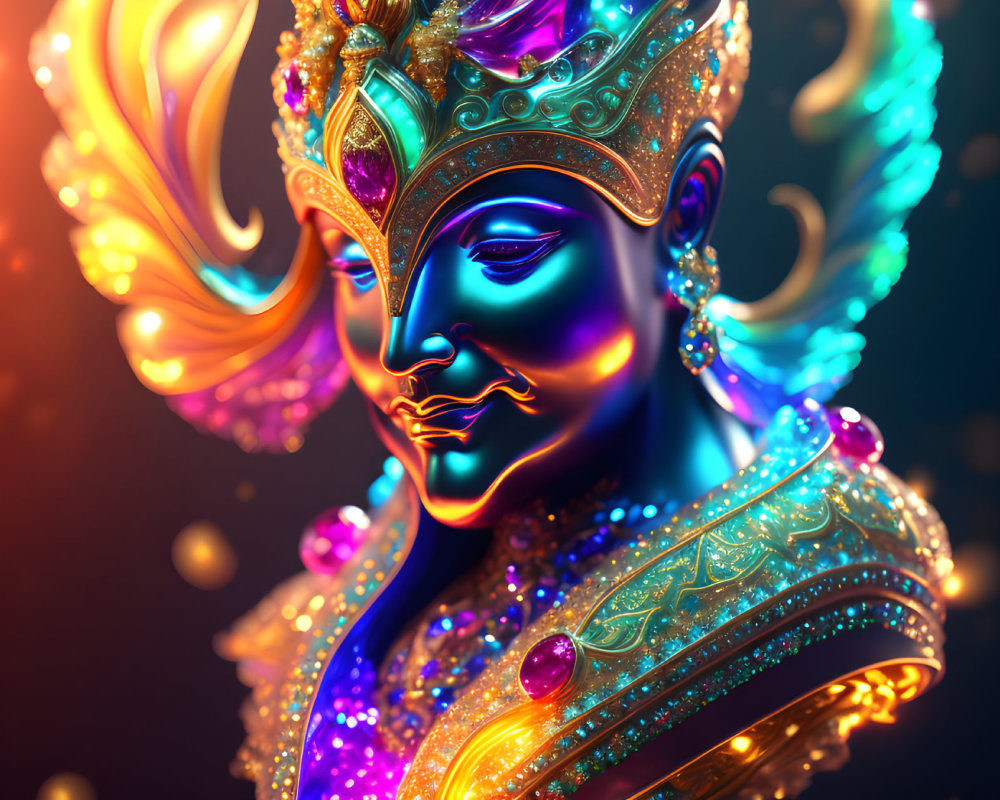 Digital art of a deity with blue face and golden crown on dark background