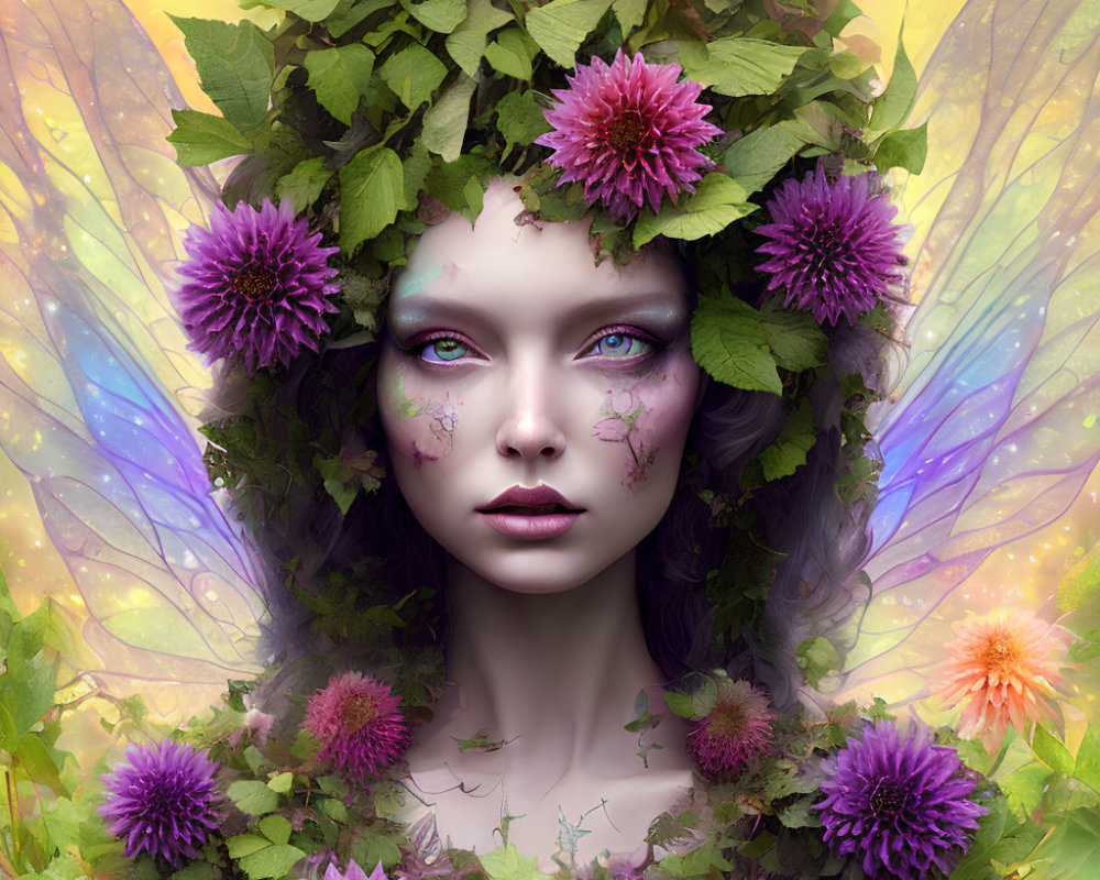 Fantasy portrait of woman with violet eyes and dragonfly wings