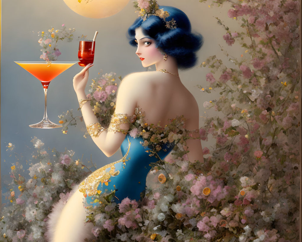 Illustration of woman in blue dress with floral adornments holding a cocktail under stylized moon