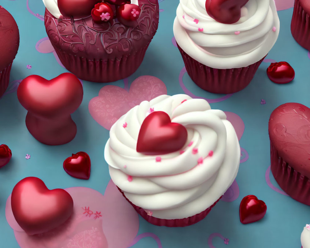 Valentine's Themed Cupcakes with Heart Decorations on Blue Background