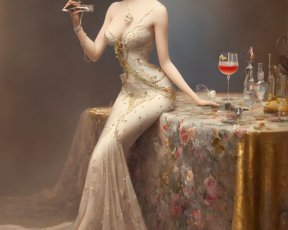 Sophisticated woman in off-the-shoulder gown with martini at ornate table