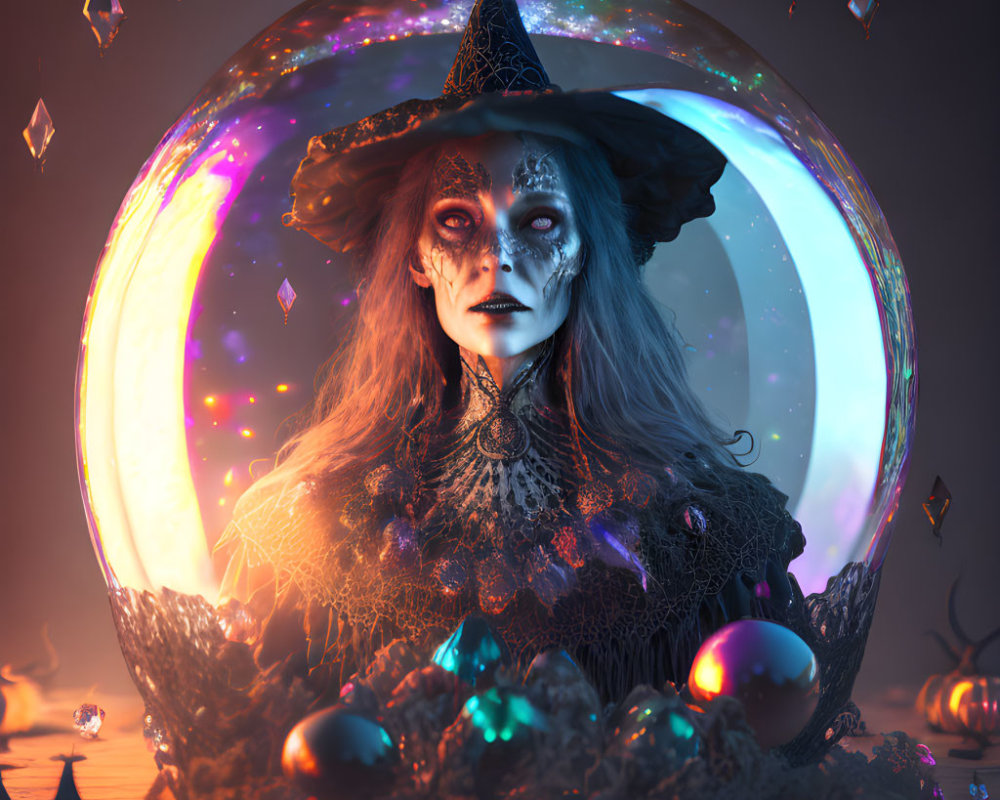 Elaborately painted witch with glowing orb and floating crystals