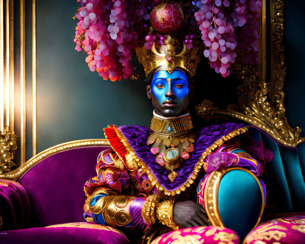 Regal blue-faced figure on ornate chair with purple and gold decor.