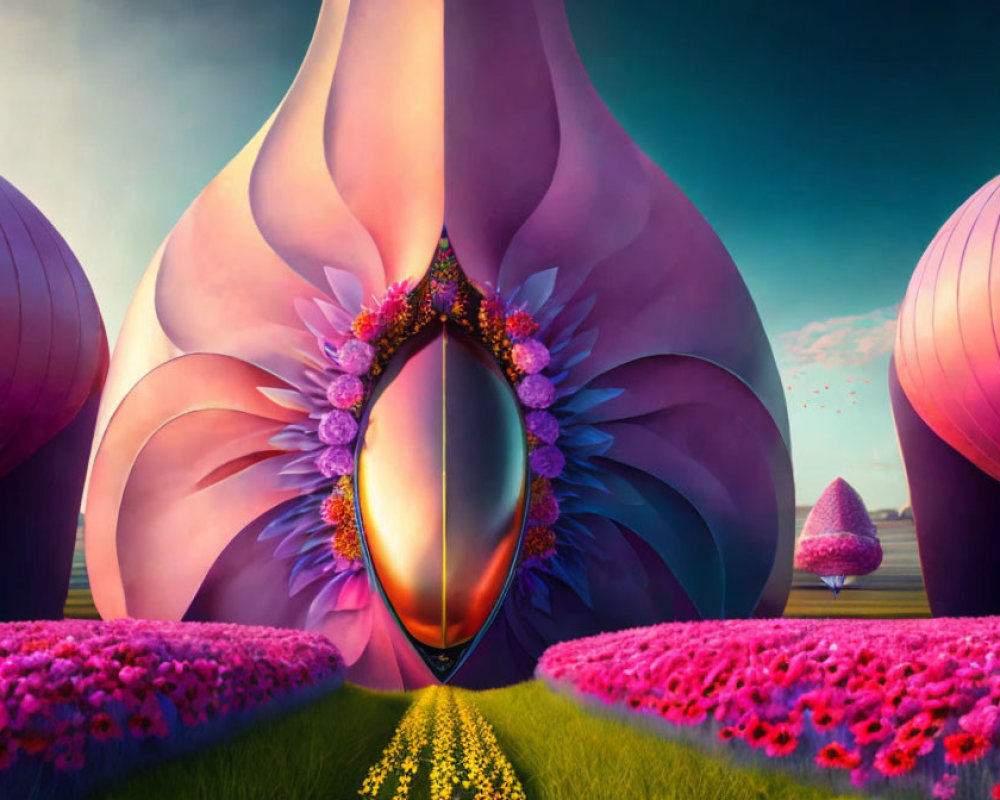 Vibrant surreal landscape with organic vase structure and glowing entrance