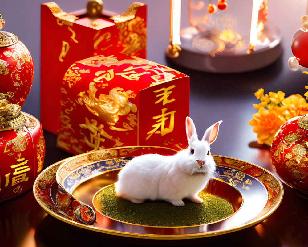 White Rabbit on Gold Plate Among Chinese New Year Decorations