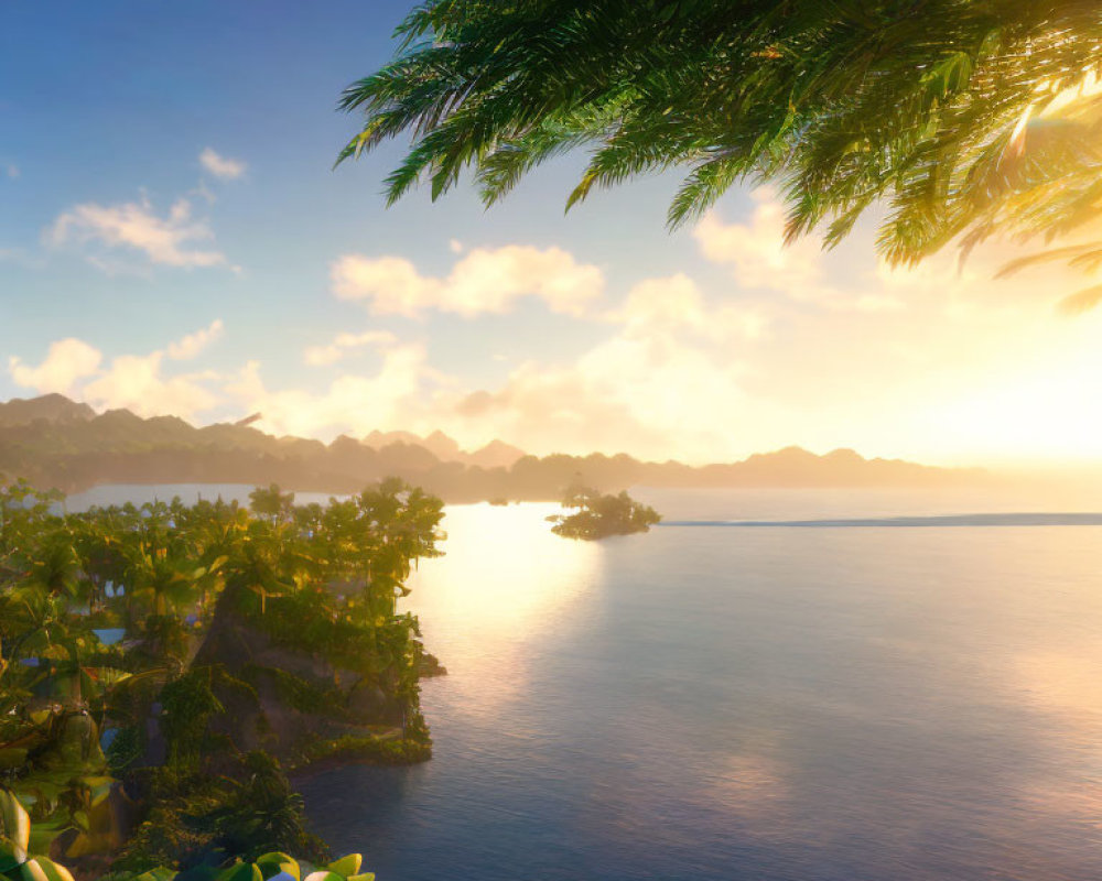 Sunlit mountains, ocean sunrise, lush greenery, tropical flowers