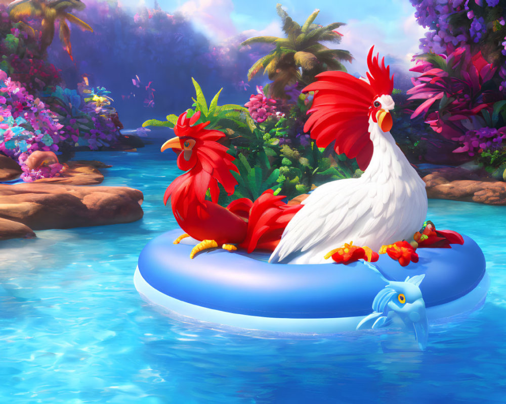 Colorful Rooster on Blue Inflatable Ring in Tropical River