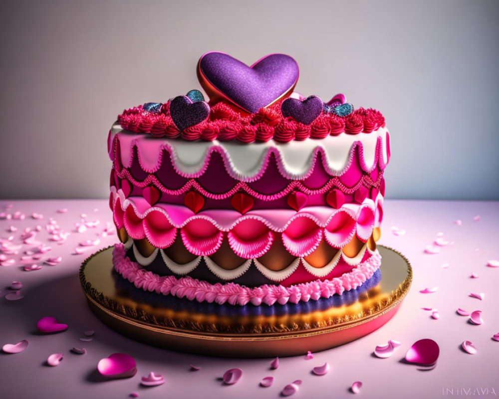 Colorful Heart-Shaped Cake with Petal Decor on Table