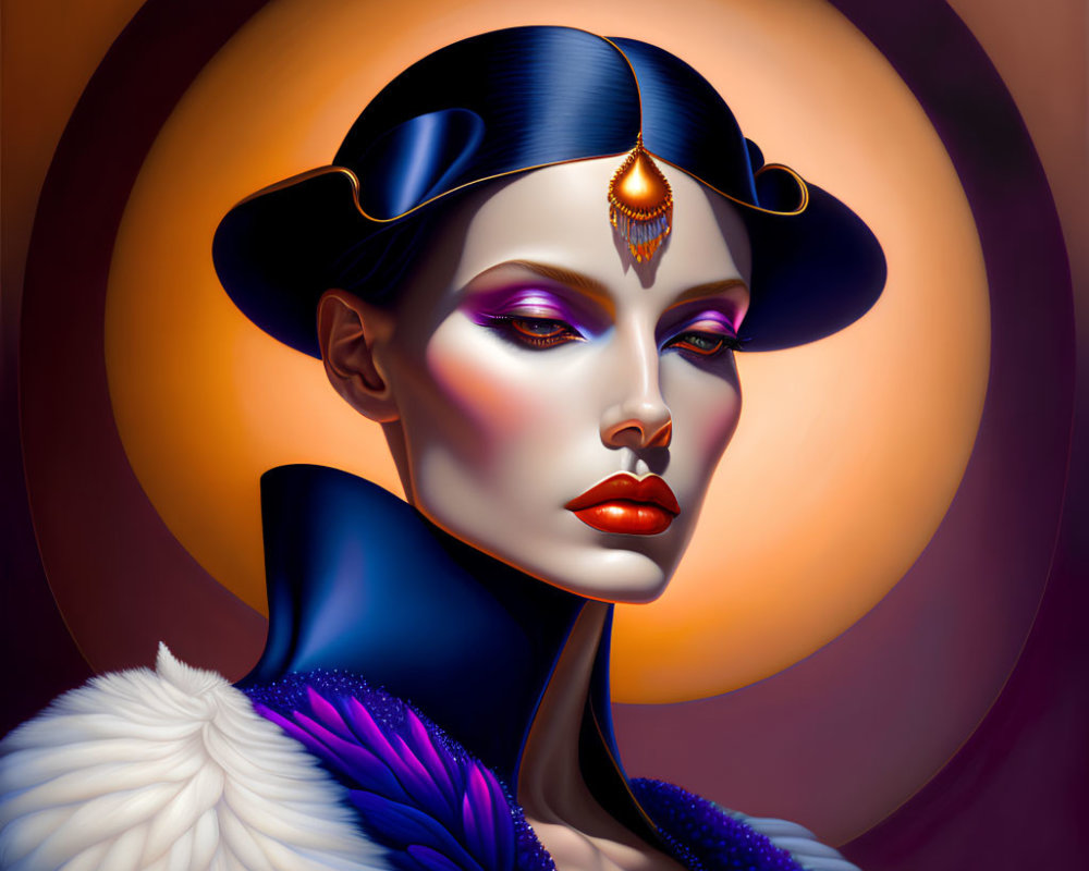 Stylized portrait of woman with futuristic hat and dramatic makeup