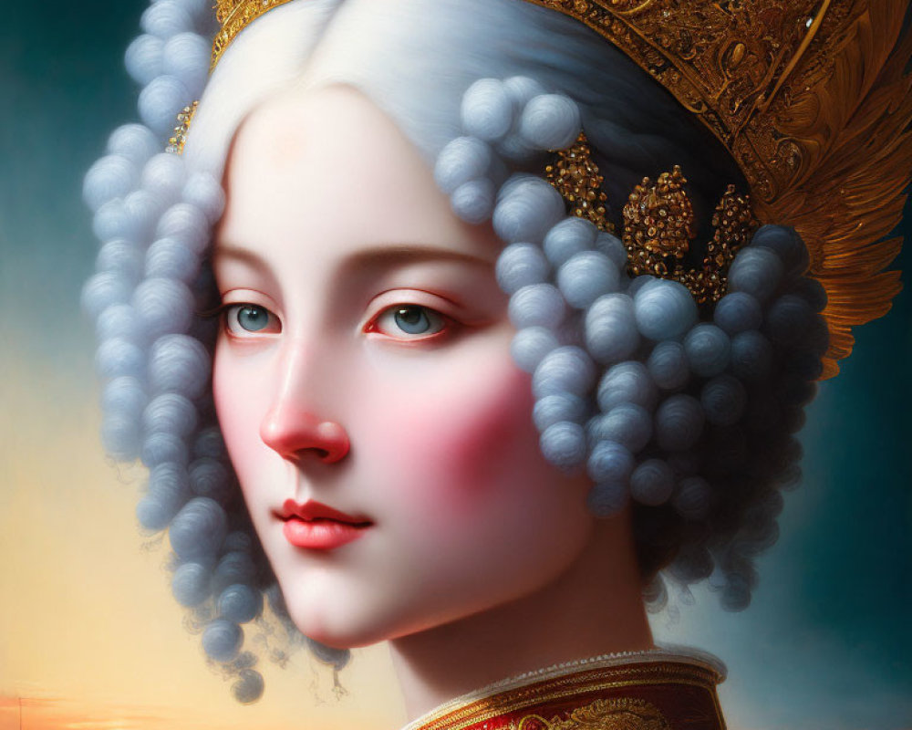 Portrait of woman with pale skin, rosy cheeks, gray curls, gold crown, red and gold