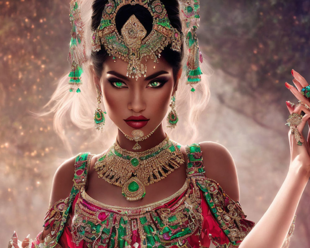 Elaborately adorned woman with intense makeup in mystical setting