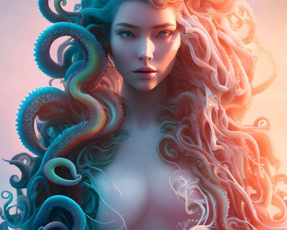 Digital artwork: Woman with octopus tentacles hair, orange and blue shades, colorful gradient background