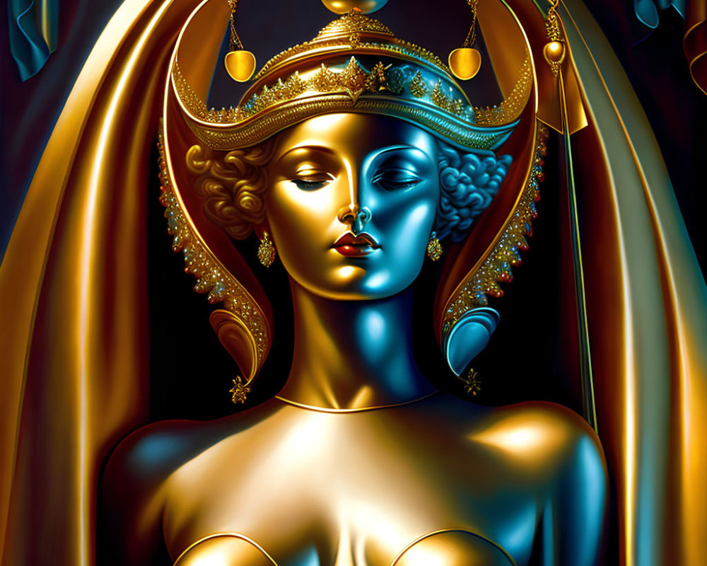 Regal woman with golden skin in ornate crown on dark blue background