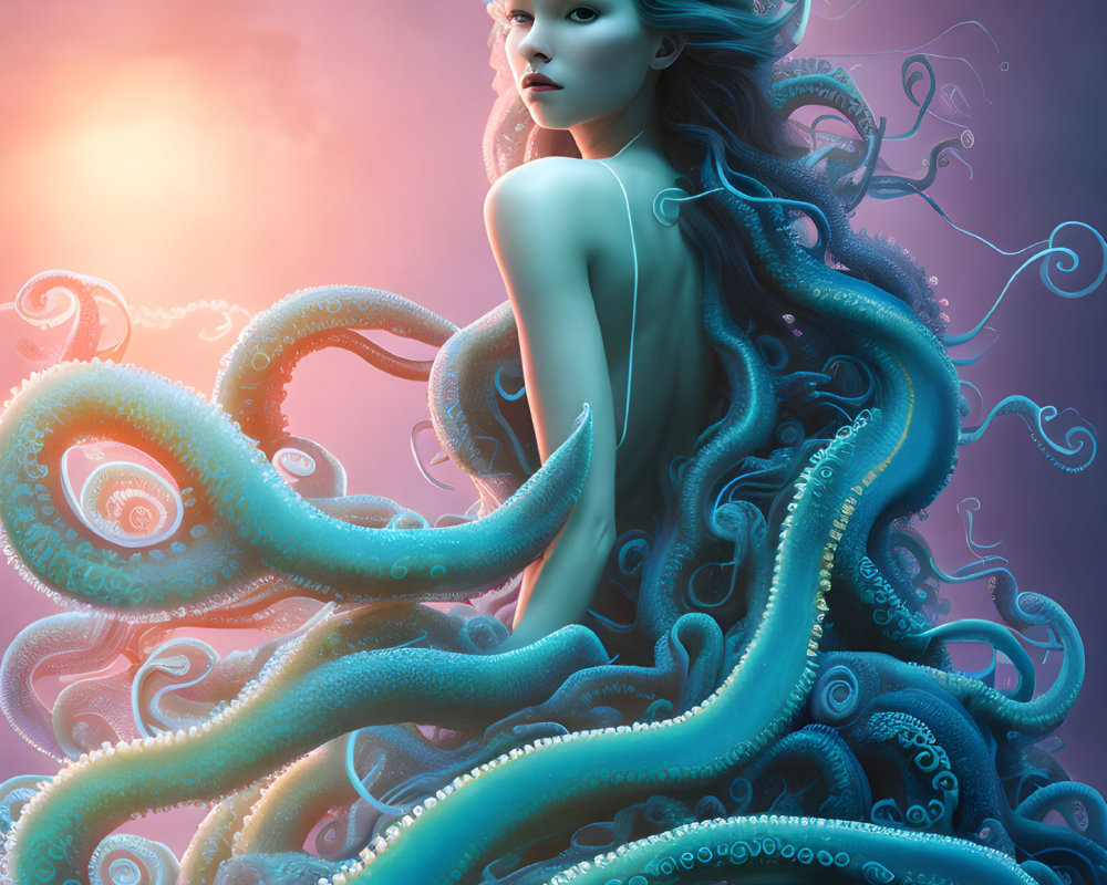 Surreal portrait of woman with octopus tentacles hair on purple sunset backdrop