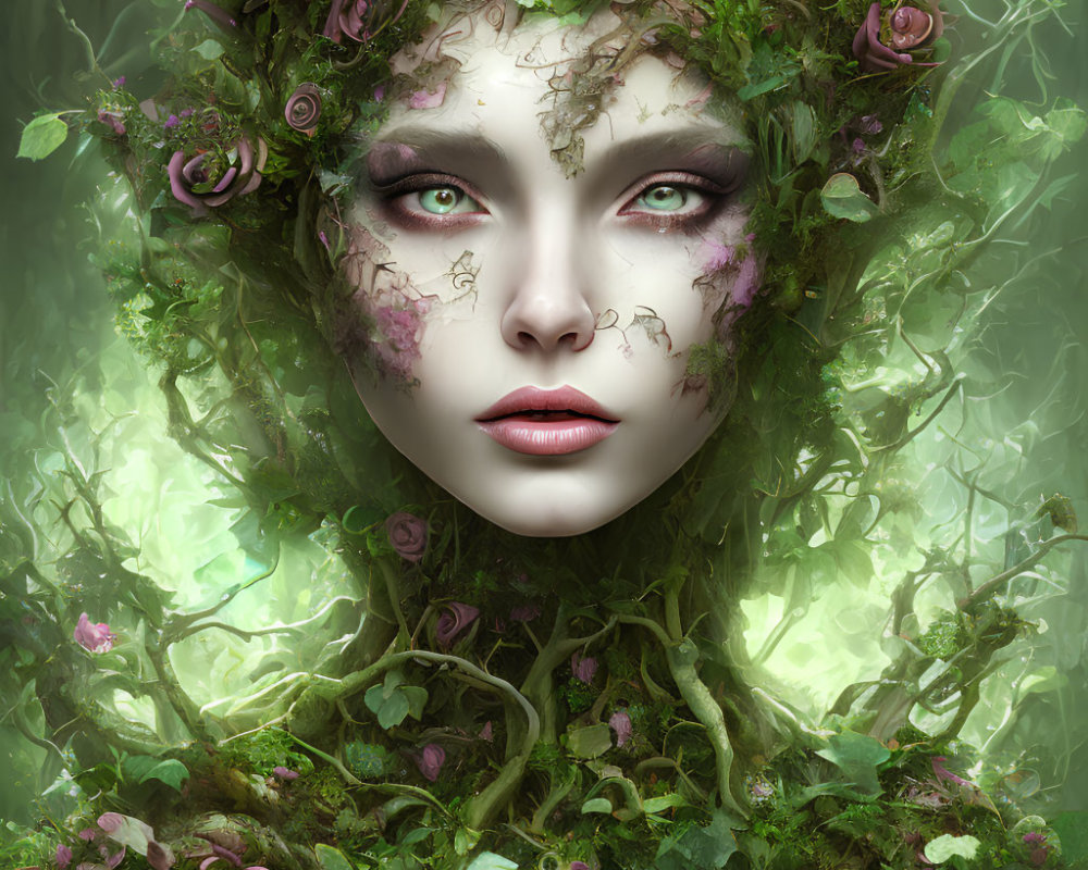 Fantasy portrait of woman with floral vines in hair, showcasing mystical nature connection.