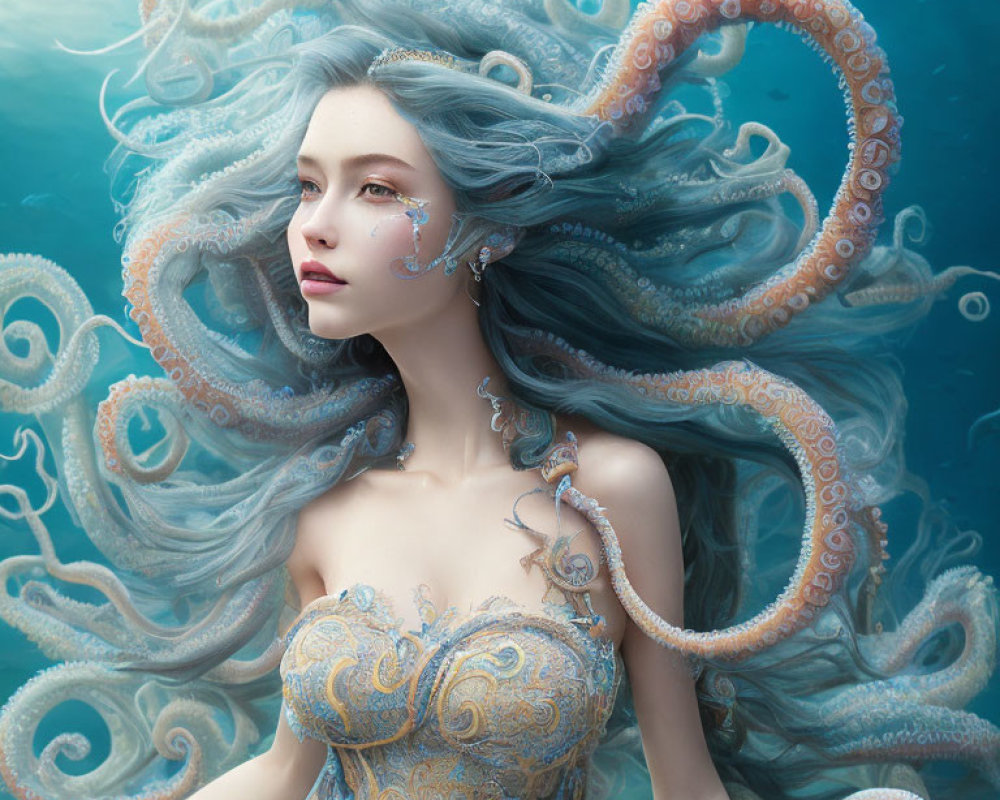 Fantastical image: Woman with blue hair and octopus tentacles in ocean.