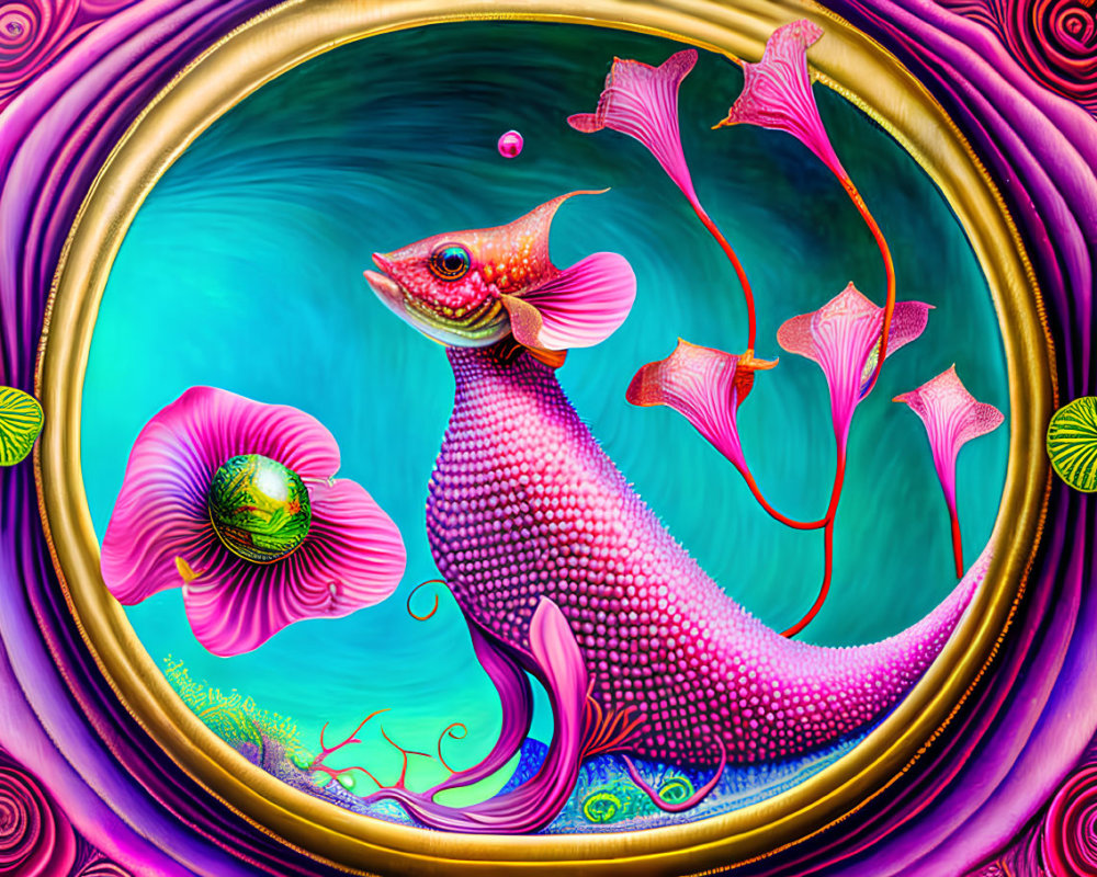 Colorful digital artwork of a stylized pink fish in ornate circular frame