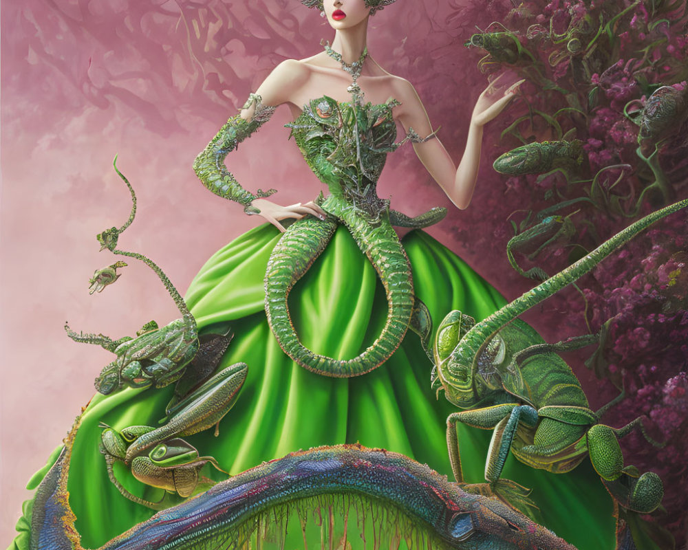 Fantastical image of woman in green dress with reptilian features and chameleons in mystical