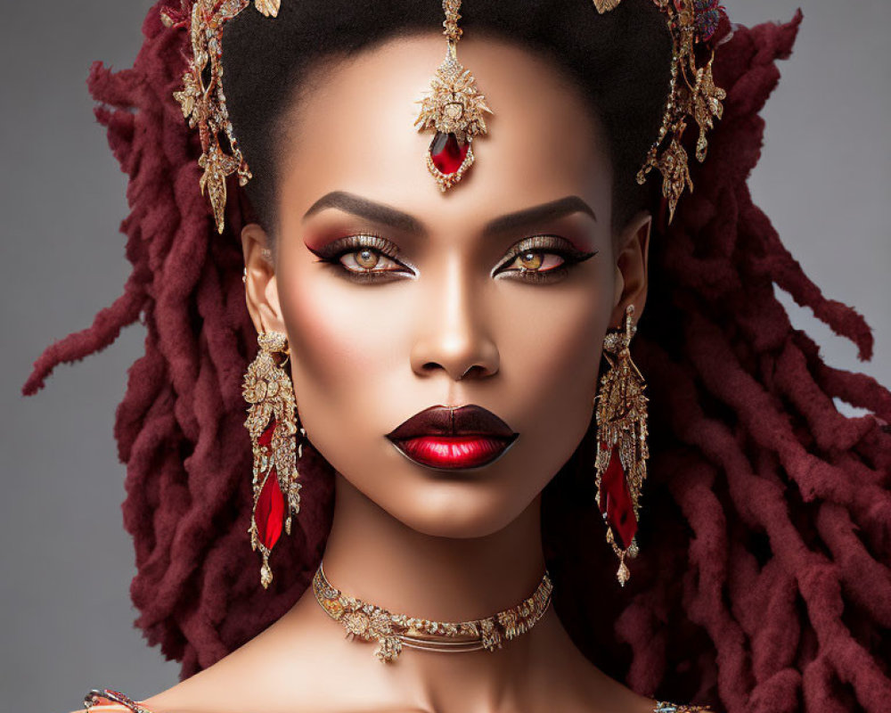 Woman with red dreadlocks and ornate gold jewelry in striking makeup gazes confidently.