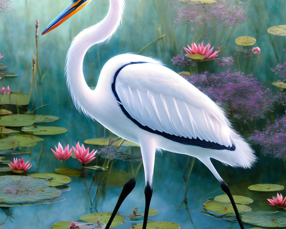 Great Egret Among Lily Pads and Pink Flowers in Serene Water Scene