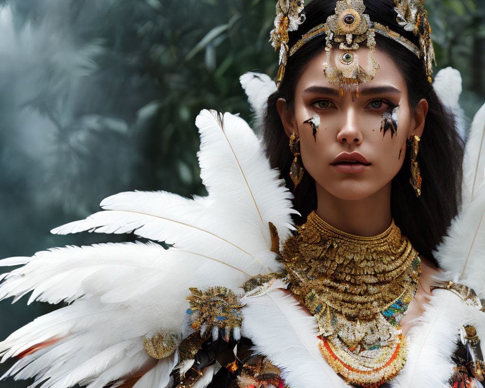 Regal woman in feathered headdress and golden jewelry against misty backdrop