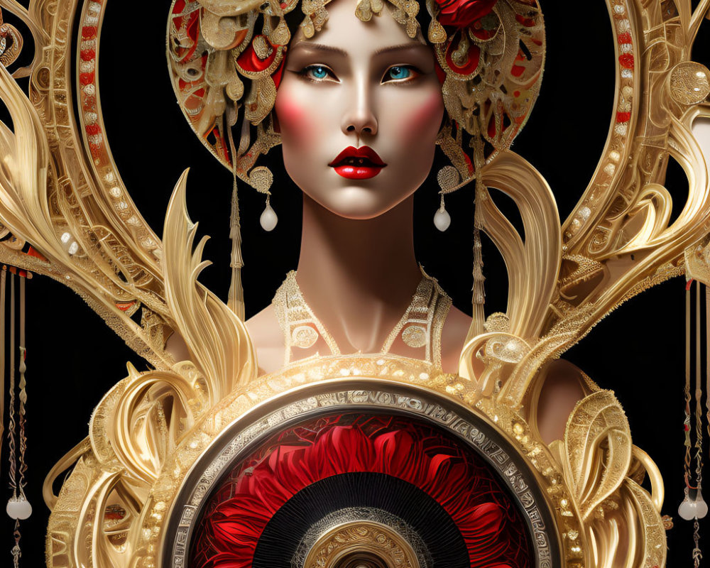 Digital artwork featuring woman with porcelain skin, gold headdress, red flowers, and jewelry on black background