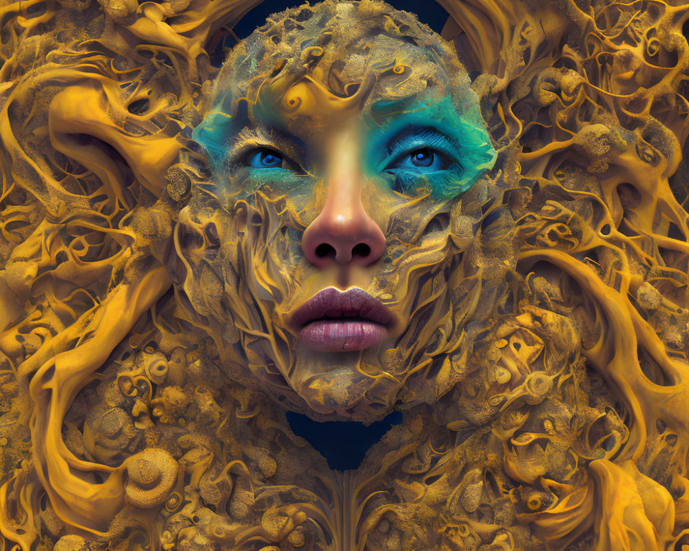 Surreal portrait with blue eyes on golden textured background