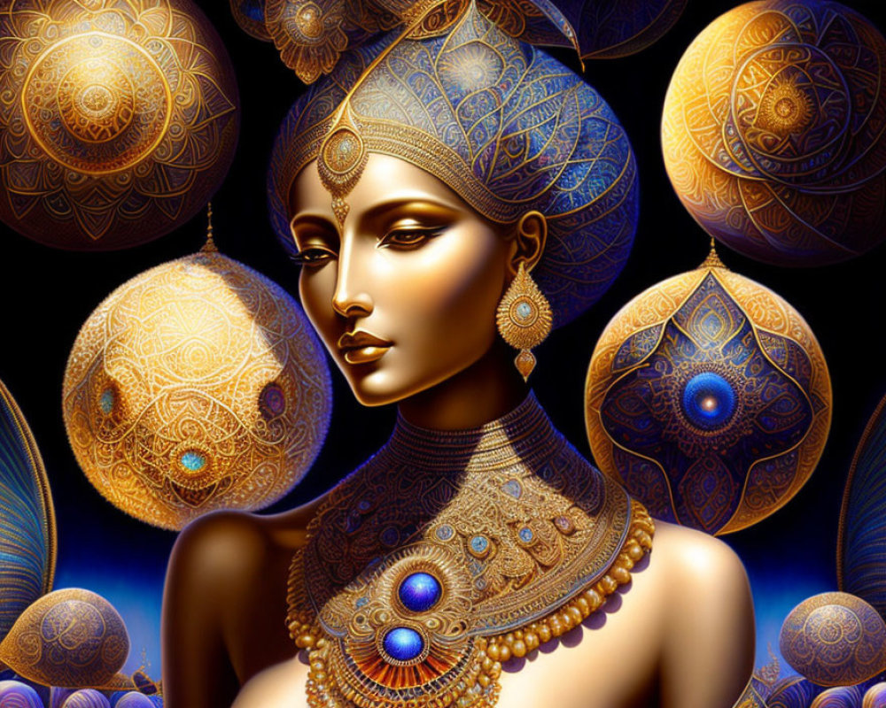 Digital artwork of woman with golden jewelry and headdress against ornate sphere backdrop