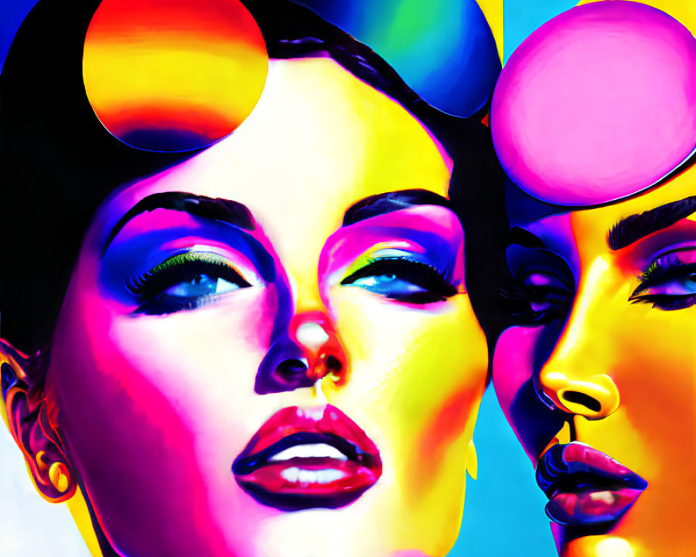 Colorful digital artwork of two women's faces with bold makeup