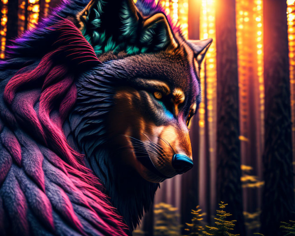 Vibrant digital art: stylized wolf in mystical forest