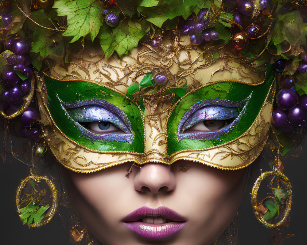 Masquerade mask with green, gold, purple beads, and grapevine leaves