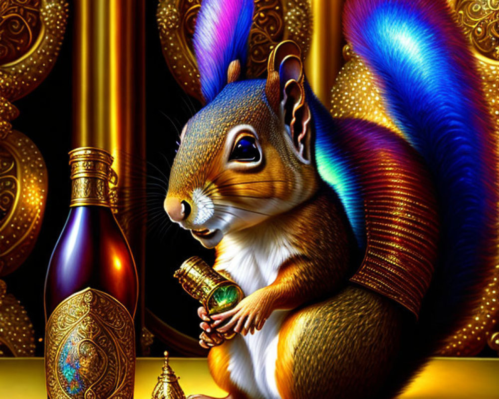 Colorful squirrel illustration with ornate bottle amidst golden decor.