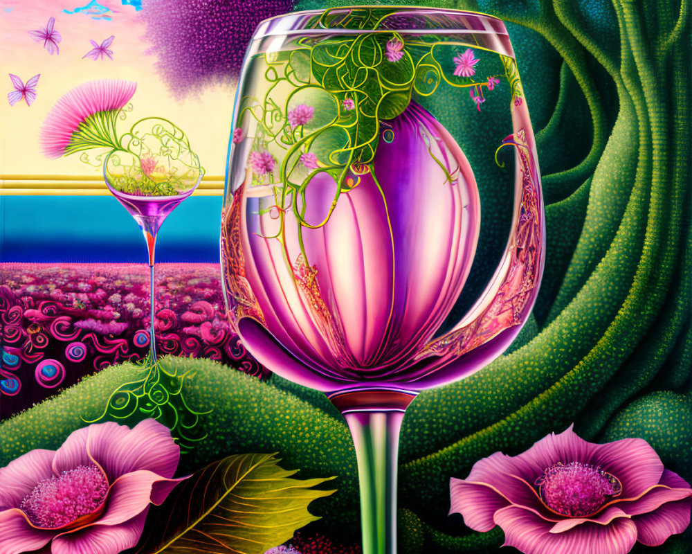 Surreal and vibrant wine glass with whimsical ecosystem in psychedelic setting