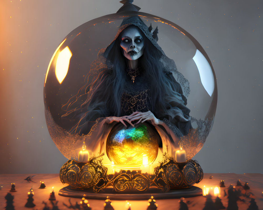 Skull makeup witch with crystal ball under glass dome and candles in moonlit setting