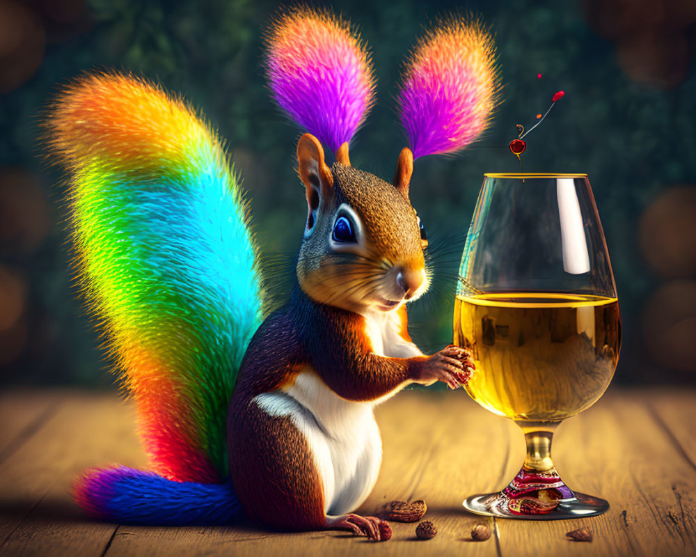 Colorful squirrel with acorn and wine glass in whimsical scene