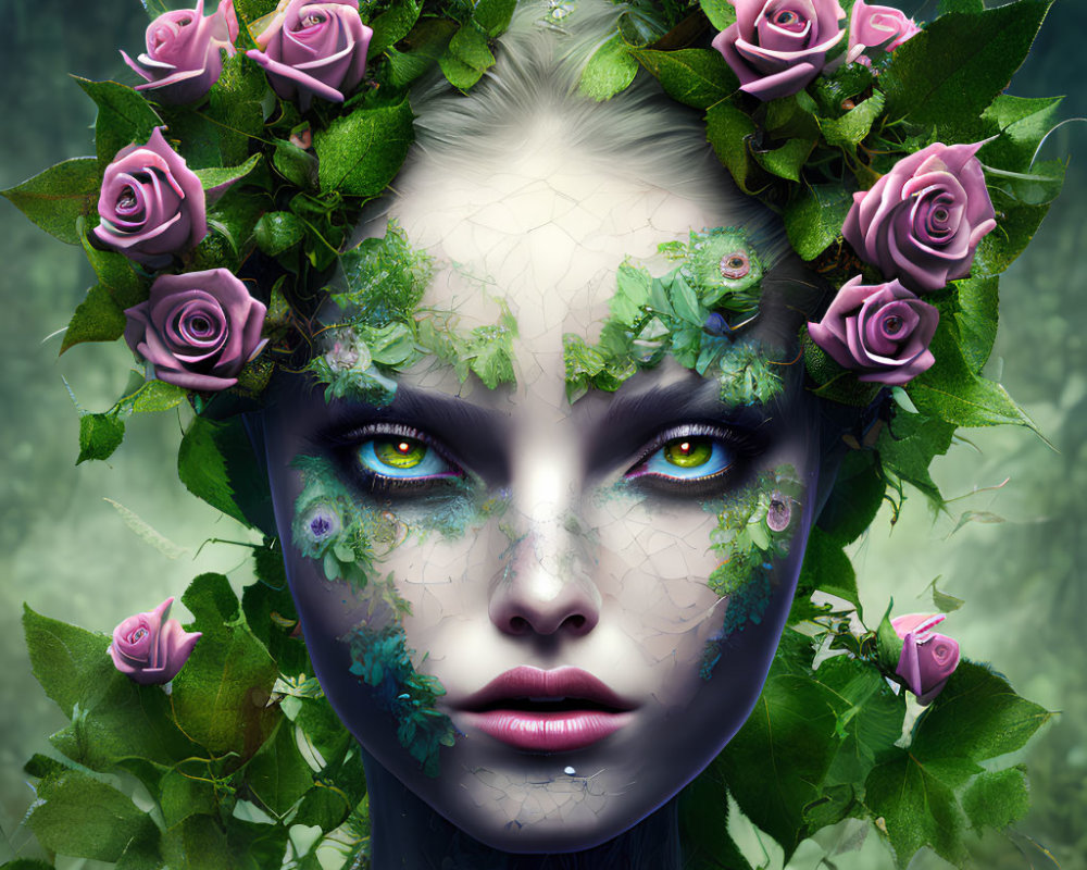 Digital artwork: Pale-skinned woman with vibrant eyes, roses, and greenery in mystical forest.