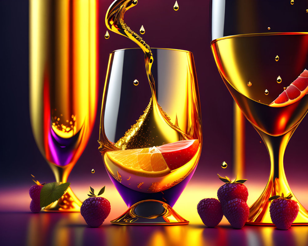 Golden liquid and fruit slices in glasses with strawberries on reflective surface against purple backdrop.