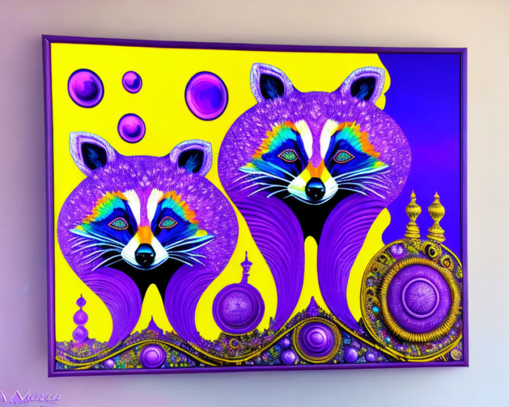 Colorful digital artwork featuring stylized raccoons in purple and yellow with fantasy bubbles and decorative motifs